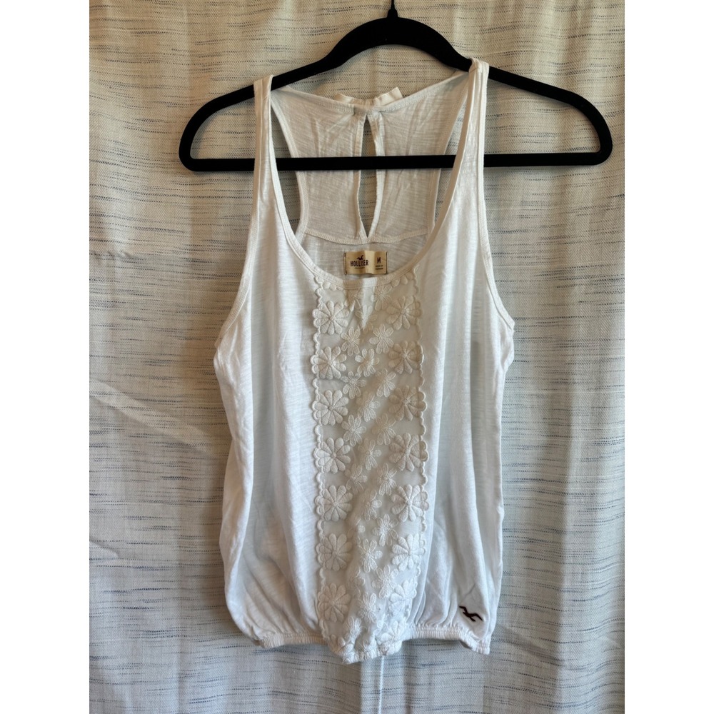 Hollister White Floral Lace Racerback Tank Top Bow Back Bubble Hem Medium